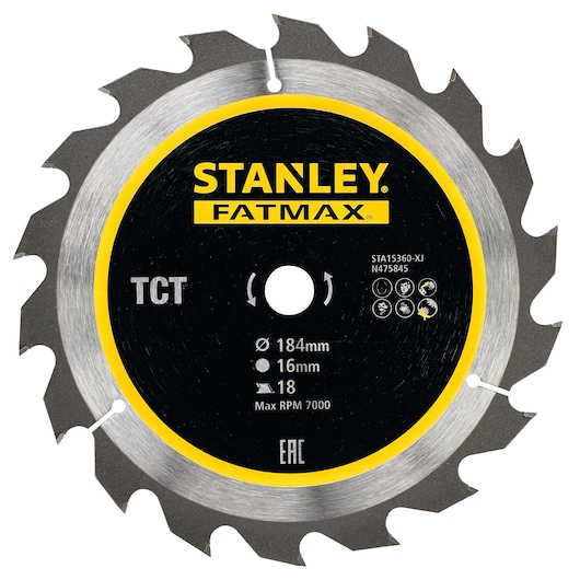 Photo of STANLEY circular saw blade, SKU STA15360, with 18 sharp teeth, black and silver finish, front view.
