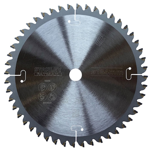 Photo of STANLEY STA15545 circular saw blade, silver finish with 40 carbide teeth, viewed from the front on white background.