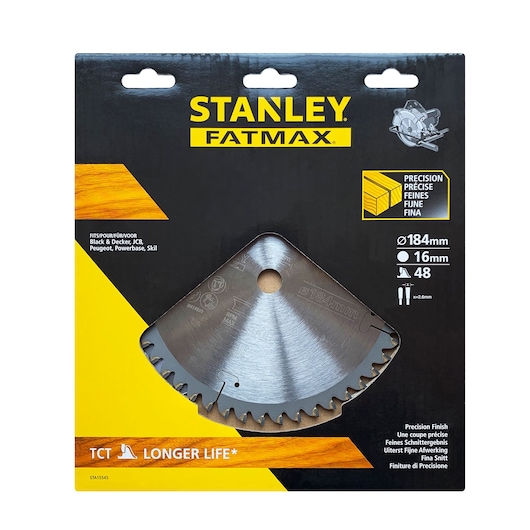 STANLEY STA15545 circular saw blade, 184mm, 48 teeth, FATMAX, front angle, black-yellow packaging