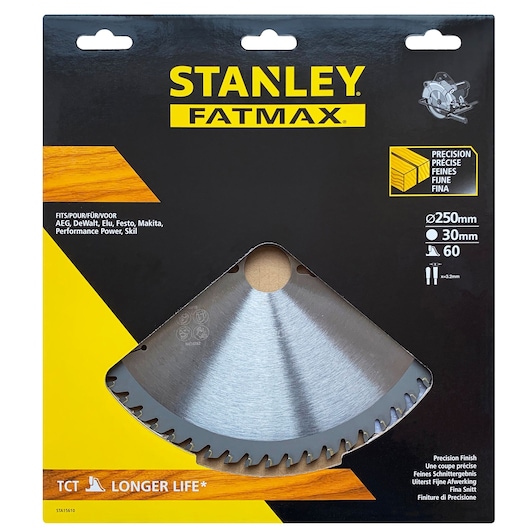 STANLEY FATMAX STA15610 circular saw blade in retail packaging, silver with 60 precision teeth, 250 mm diameter.