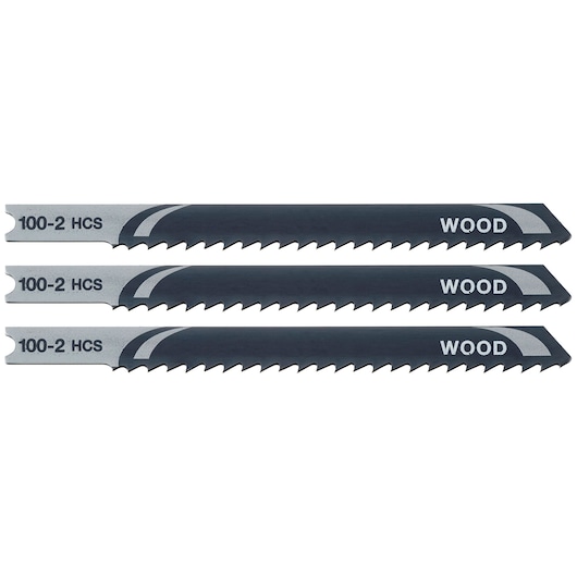 STANLEY STA20013 jigsaw blades for wood, set of three, straight angle, black and silver color.
