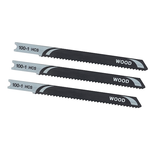 Stanley STA20023 jigsaw blade set for wood, three black and silver blades shown on white background.