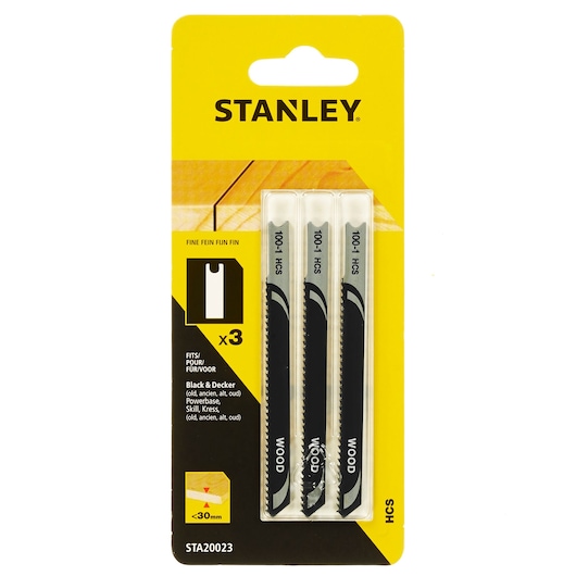 STANLEY STA20023 jigsaw blades set of 3 for wood, front view packaging, black and yellow design.