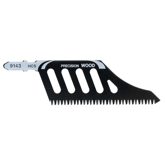 STANLEY STA21001 jigsaw blade for wood, black with precision teeth, flat lay on white background.