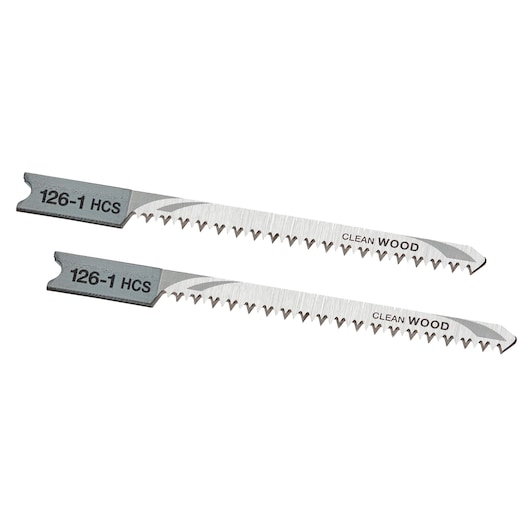 STANLEY STA21002 jigsaw blades for clean wood cutting, silver metal, set of two, side view on white background.