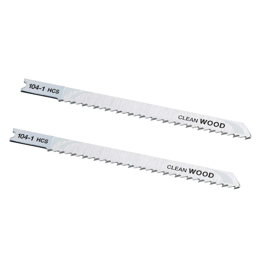 Photo of two STANLEY STA21012 jigsaw blades for clean wood cutting, silver color, angled view on white background.
