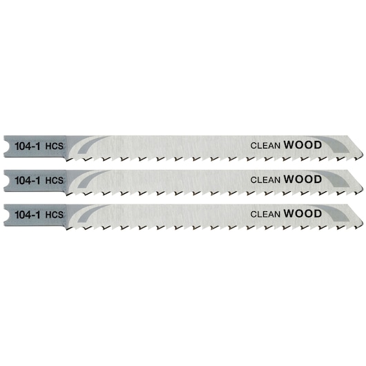 STANLEY STA21013 jigsaw blades set of three for clean wood cutting, side angle on white background.