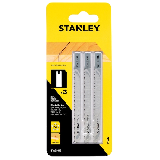 STANLEY STA21013 jigsaw blades pack, three clean wood blades, yellow packaging, photography front angle.
