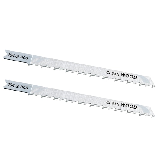 STANLEY STA21022 jigsaw blades for clean wood cutting, silver color, side angle, white background.