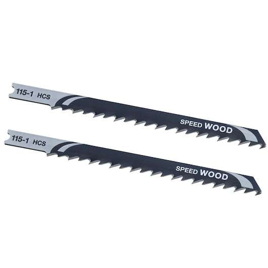 STANLEY STA21032 jigsaw blades for wood, pack of two, black and silver, flat lay photo on white background.