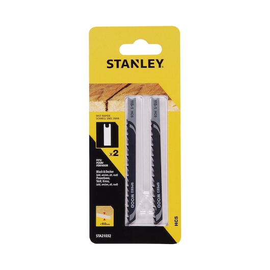 Photo of STANLEY STA21032 wood jigsaw blades, two-pack, in retail packaging front view.