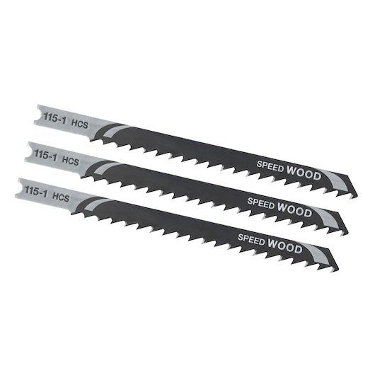 STANLEY STA21033 jigsaw blades set of three for wood, black and silver, side angle on white background.