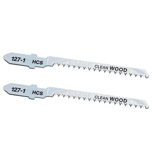STANLEY STA21042 jigsaw blades, pack of two, for clean wood cutting, silver color, flat lay on white background.