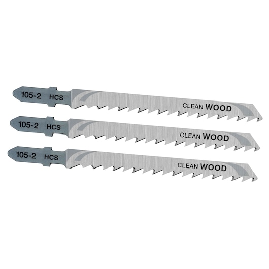 Photo of three STANLEY STA21063 clean wood jigsaw blades, silver color, side angle on white background.