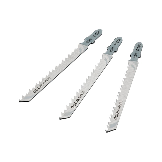 STANLEY STA21063 jigsaw blades for clean wood, silver color, three pieces, angled on white background.