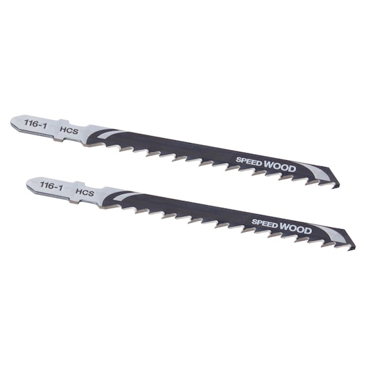 STANLEY STA21072 jigsaw blades for wood, side angle on white background, black and silver color.