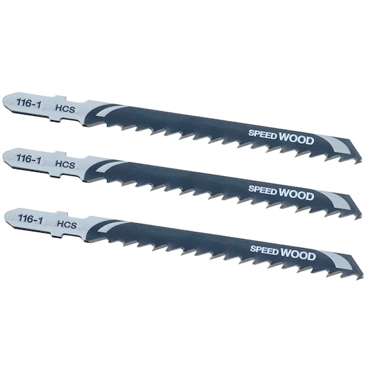 STANLEY STA21073 jigsaw blades for wood, set of three, photographed from above on white background.