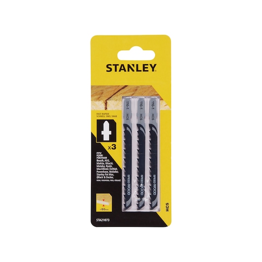 STANLEY STA21073 jigsaw blades 3-pack in yellow retail packaging, straight-on angle.