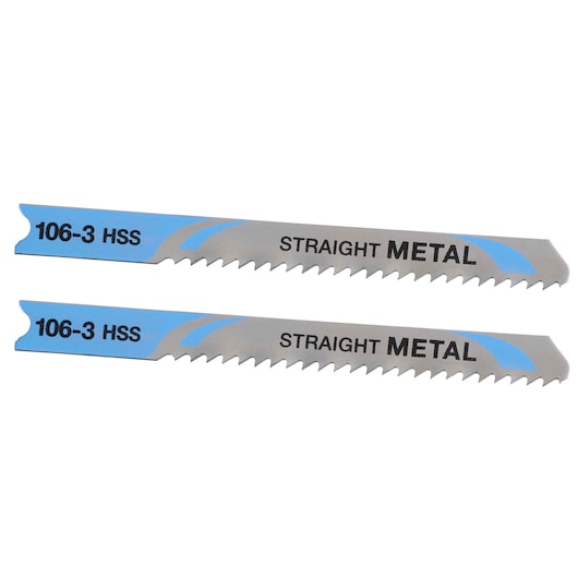 Photo of two STANLEY STA22002 metal jigsaw blades with straight teeth and blue-gray design, top angle view.