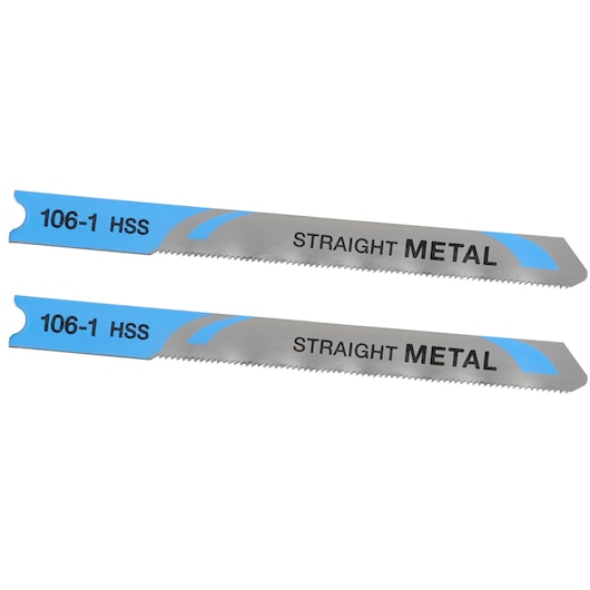 STANLEY STA22012 straight metal jigsaw blades, HSS, set of two, silver with blue accents, top view.