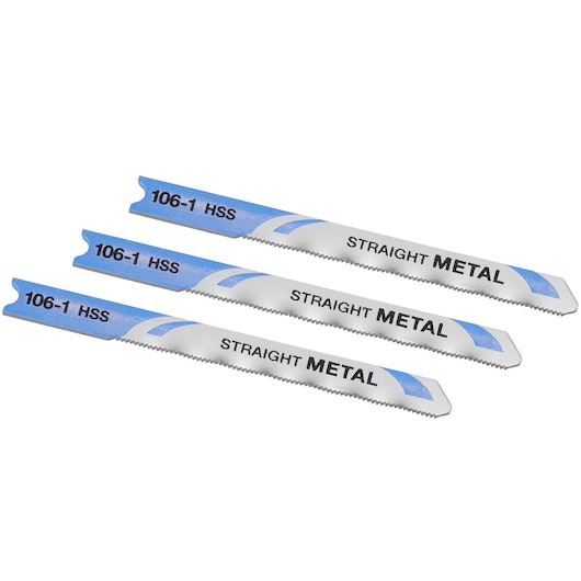 STANLEY STA22013 straight metal jigsaw blades, three silver and blue blades, angled view, for metal cutting.