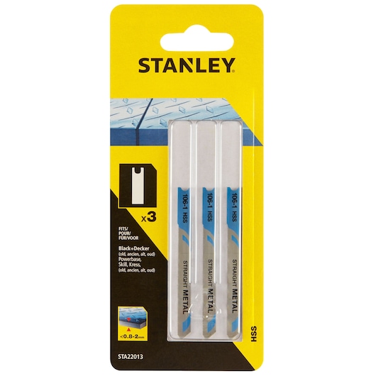 STANLEY STA22013 jigsaw blade set, three straight metal cutting blades in retail packaging, front view.