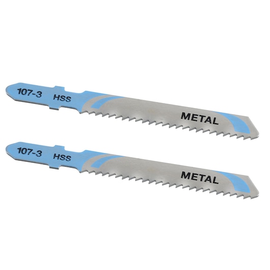 STANLEY STA22022 metal jigsaw blades with blue label, side angle, set of two, photography.