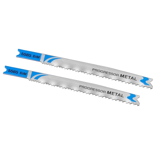 STANLEY STA22042 metal cutting jigsaw blades, silver with blue labels, side angle, set of two.