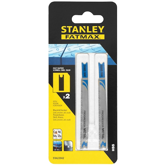 STANLEY STA22042 jigsaw blade set FATMAX, front angle, two metal cutting blades in retail packaging.