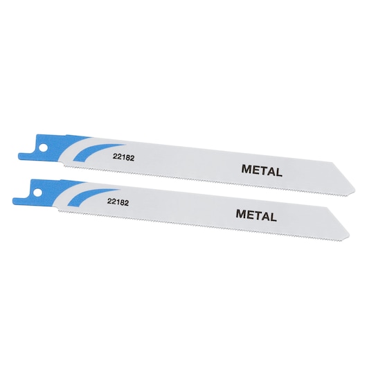 STANLEY STA22182 metal reciprocating saw blades, set of two, white with blue tips, side angle on white background.