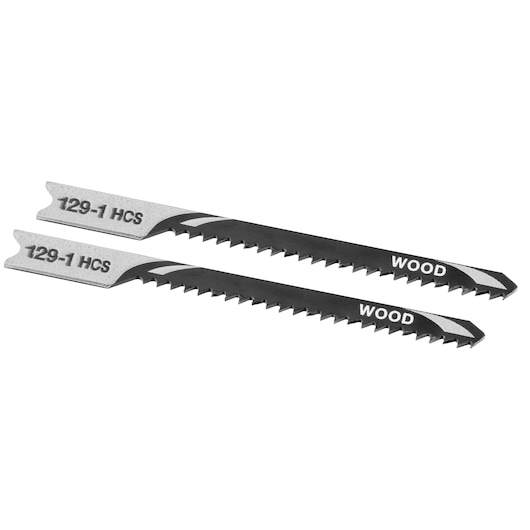 STANLEY STA23002 jigsaw blades for wood, set of 2, black and silver, flat lay on white background.