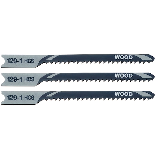 STANLEY STA23003 wood jigsaw blades, pack of three, photographed from side angle on white background.