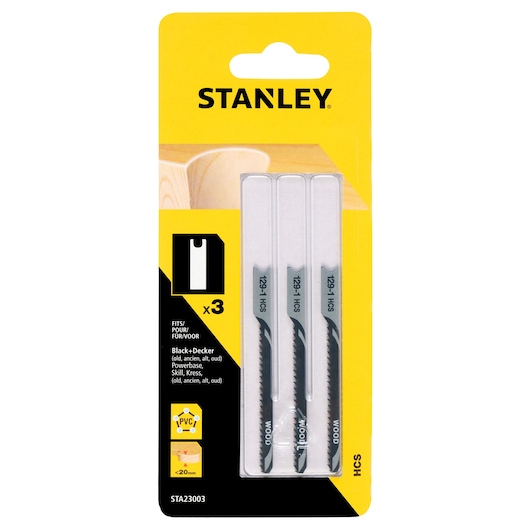 STANLEY STA23003 jigsaw blades pack of 3, front view on yellow packaging for wood and PVC cutting.