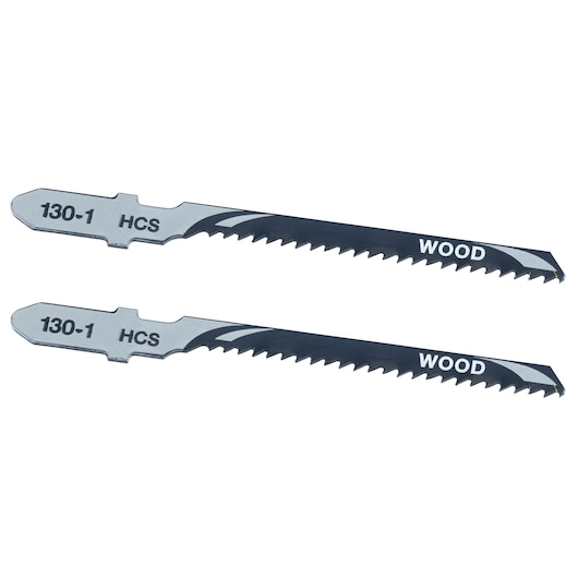 STANLEY STA23042 jigsaw blades for wood, set of two, silver and black, flat lay on white background.