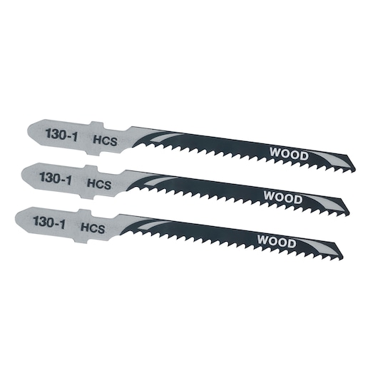 STANLEY STA23043 wood jigsaw blades set, three silver and black blades shown on white background, side view.