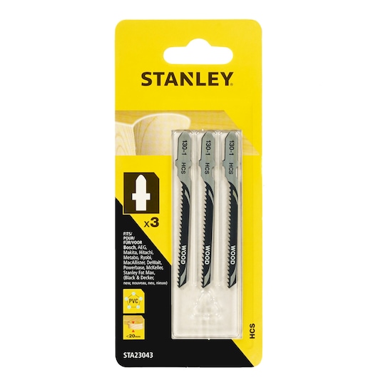 STANLEY STA23043 jigsaw blade set for wood, pack of 3, front view on white background.