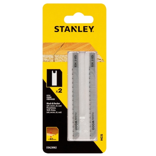 STANLEY STA23062 jigsaw blade set for clean wood cutting, two blades in yellow retail packaging, front view.
