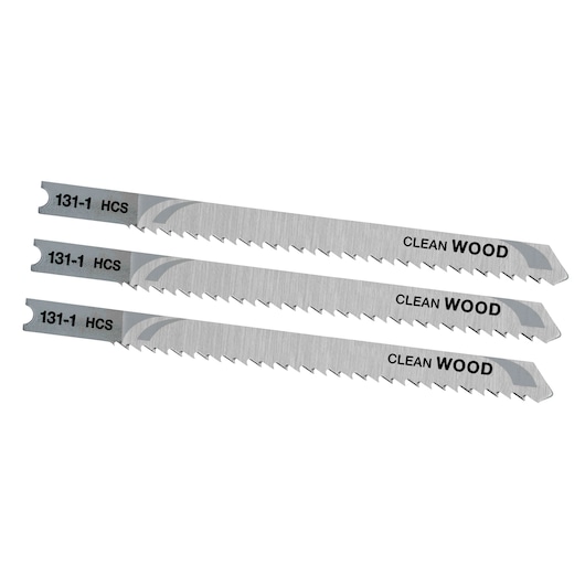 STANLEY STA23063 jigsaw blades for clean wood cutting, silver, set of three, front angle, white background.
