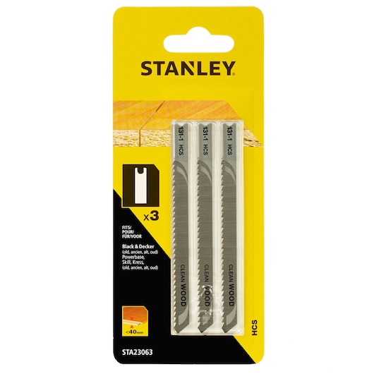 Stanley STA23063 pack of three clean wood jigsaw blades, front angle, yellow blister packaging.
