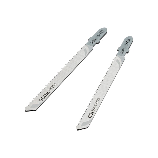 STANLEY STA23072 jigsaw blade set for clean wood cutting, silver, angled view on white background.