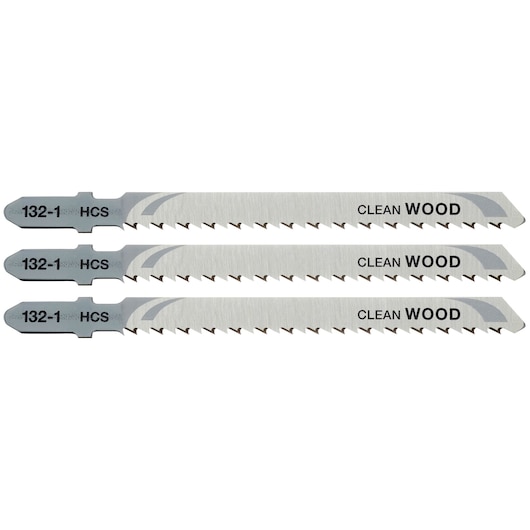 STANLEY STA23073 three silver jigsaw blades for clean wood cutting, product photography on white background.