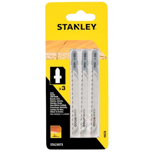 STANLEY STA23073 jigsaw blades pack of 3 for clean wood cuts, front view on white background.