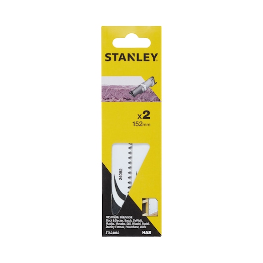 STANLEY STA24082 reciprocating saw blades pack, yellow packaging, front angle, 152mm, 2 pieces.