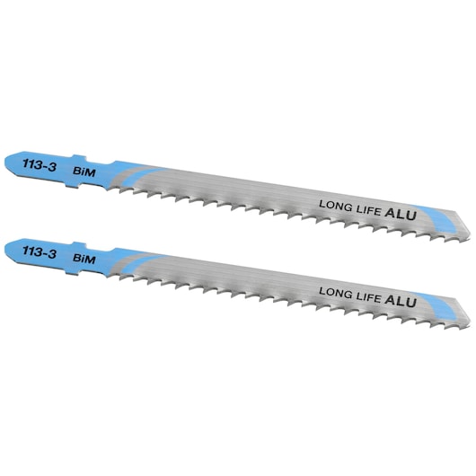 STANLEY STA25042 jigsaw blades, silver with blue tips, set of two, long life for aluminum, flat lay on white background.