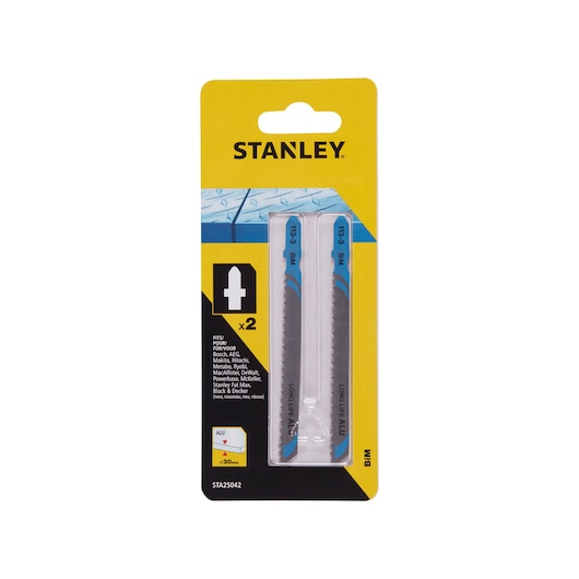 STANLEY STA25042 jigsaw blade set photography, twin pack, silver and blue blades, front angle, white background.