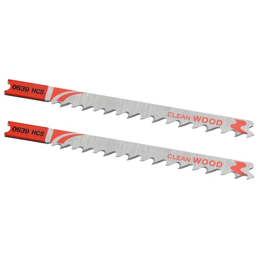 STANLEY STA25512 jigsaw blades for clean wood cutting, silver and red, product photo on white background.