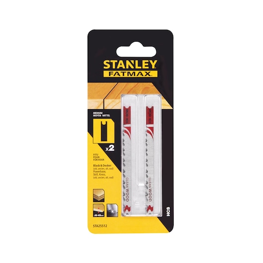 Stanley STA25512 jigsaw blades, pack of 2, FATMAX series, front view on white background.