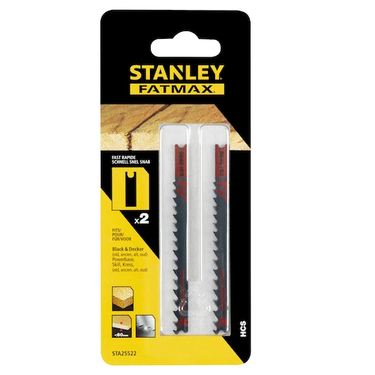 STANLEY STA25522 jigsaw blades pack, 2 wood cutting blades, photographed front on white background.