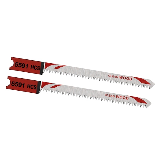 STANLEY STA25532 jigsaw blades for clean wood, pack of 2, silver with red detail, flat lay on white background.