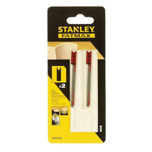 STANLEY FATMAX STA25532 jigsaw blades 2-pack, visible in front packaging with yellow and black design.